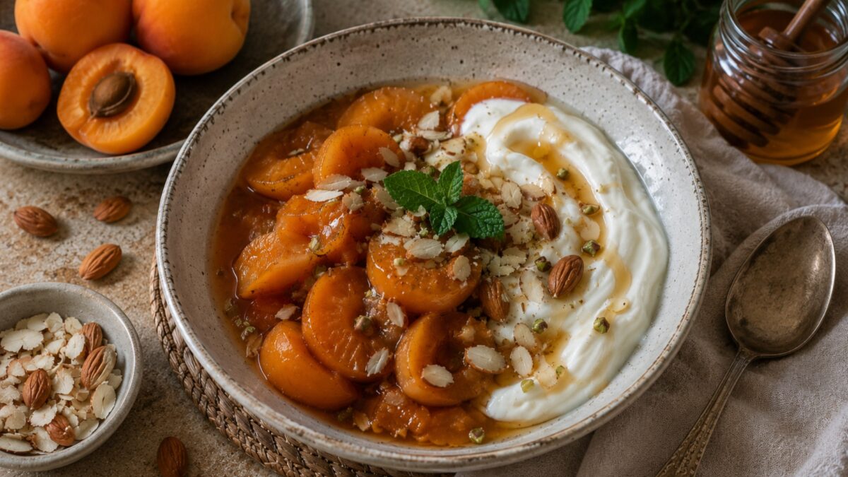 Stewed Apricots with Honey Yoghurt and Almonds