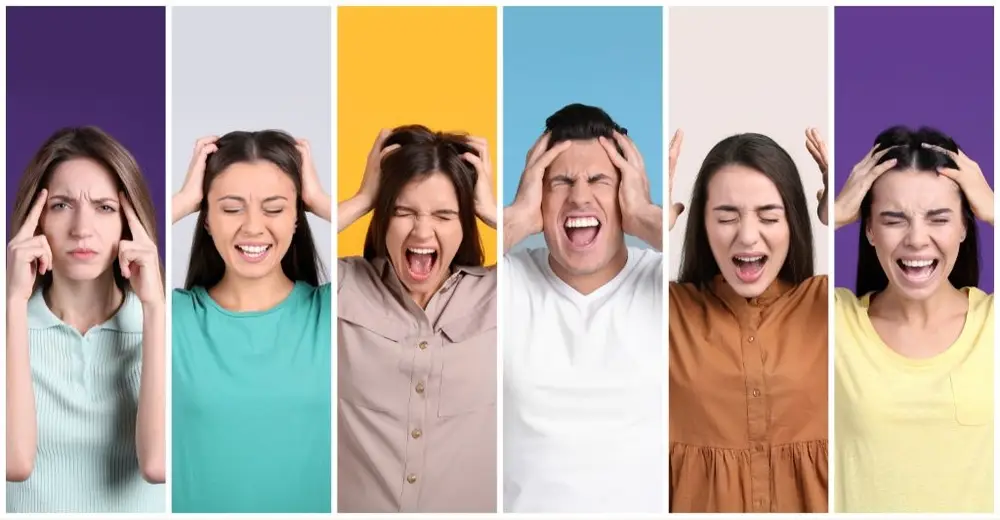 People expressing stress and frustration through different facial expressions.