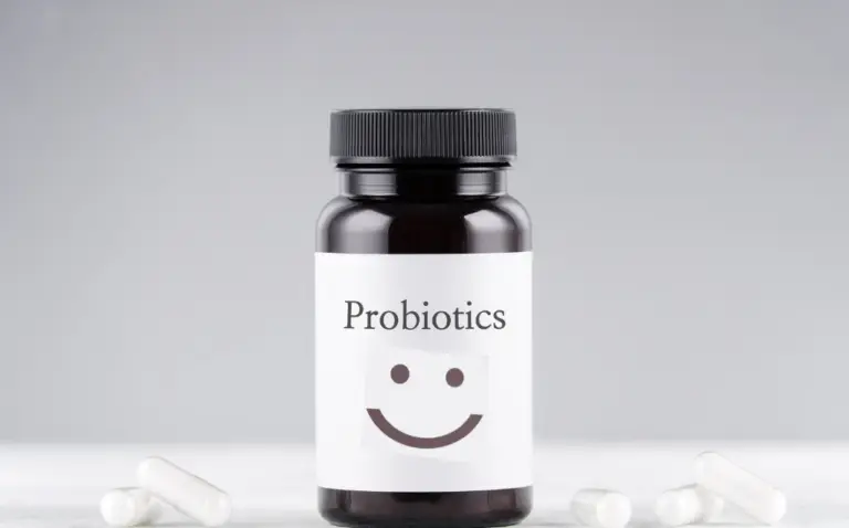 Bottle of probiotics supplements for gut health benefits.