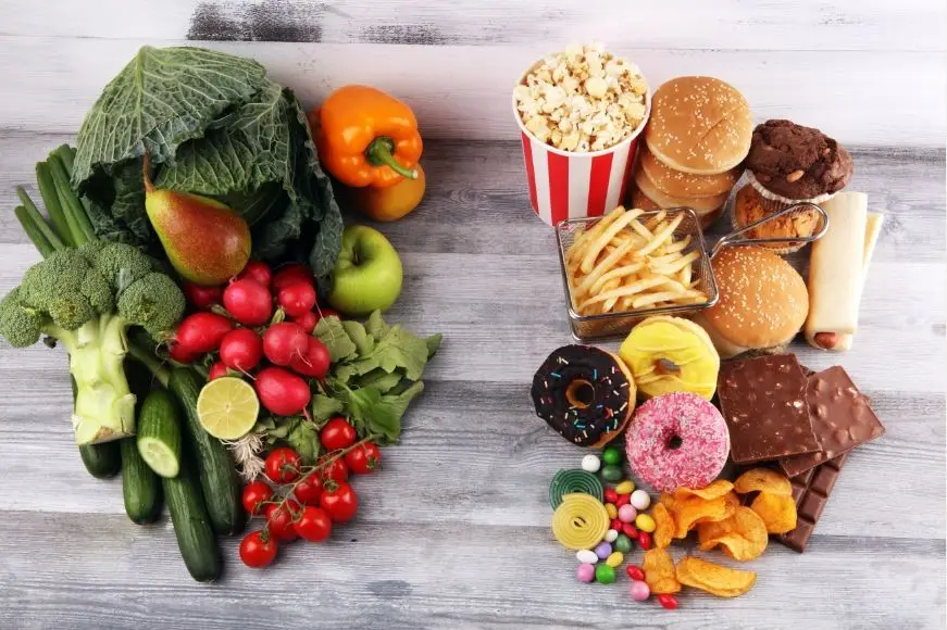 A side-by-side comparison of healthy vs. unhealthy foods for the Candida diet. On the left, fresh vegetables, fruits, and whole foods. On the right, processed foods like burgers, fries, donuts, and chocolate, which can fuel Candida overgrowth.